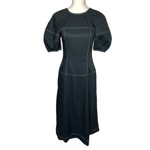 Madewell Dress Women Size 0 Black Puff-Sleeve Drop-Waist Midi 100% Cotton Dress